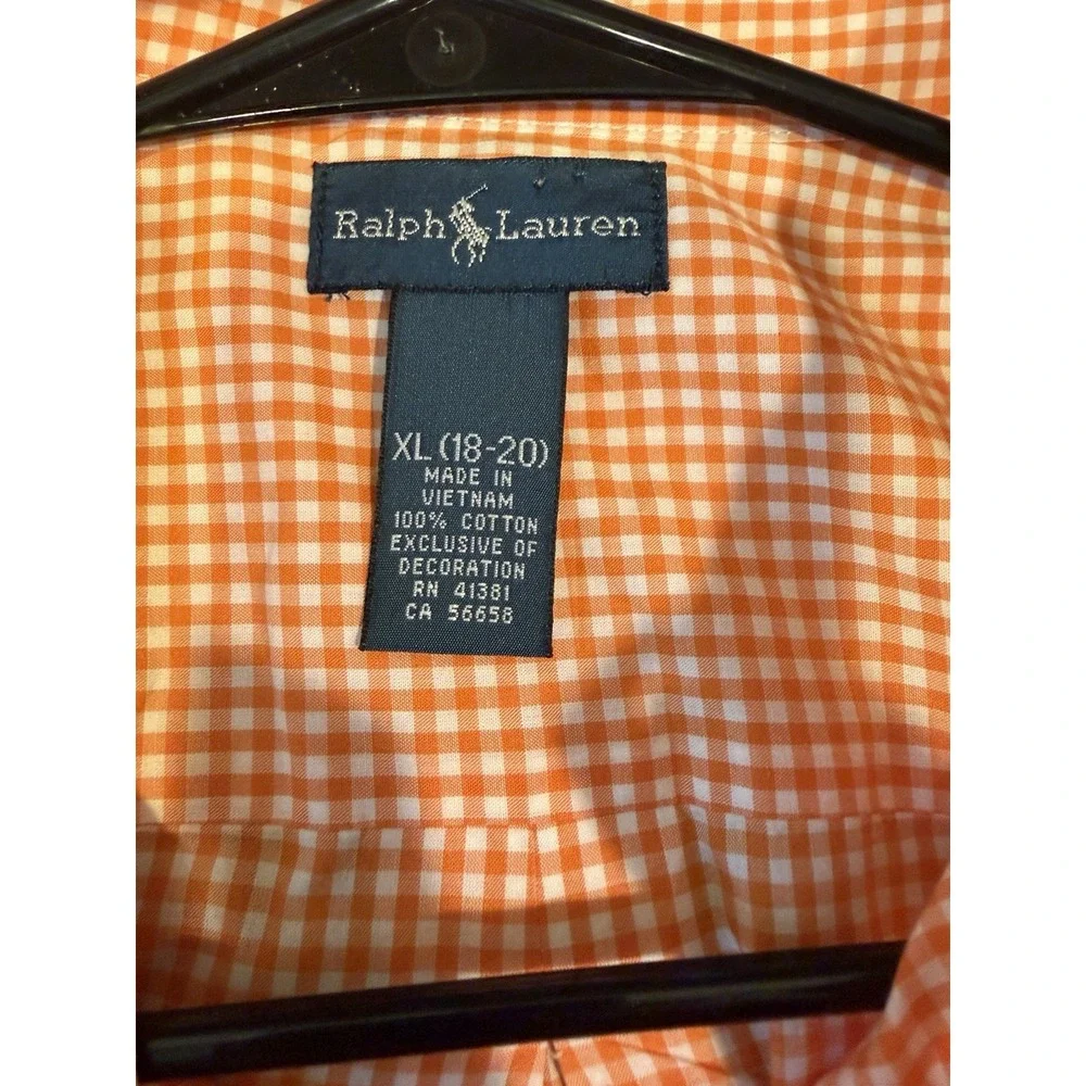 Ralph Lauren Shirt Boys XL 18-20 Orange Gingham Long Sleeve Button Down Cotton